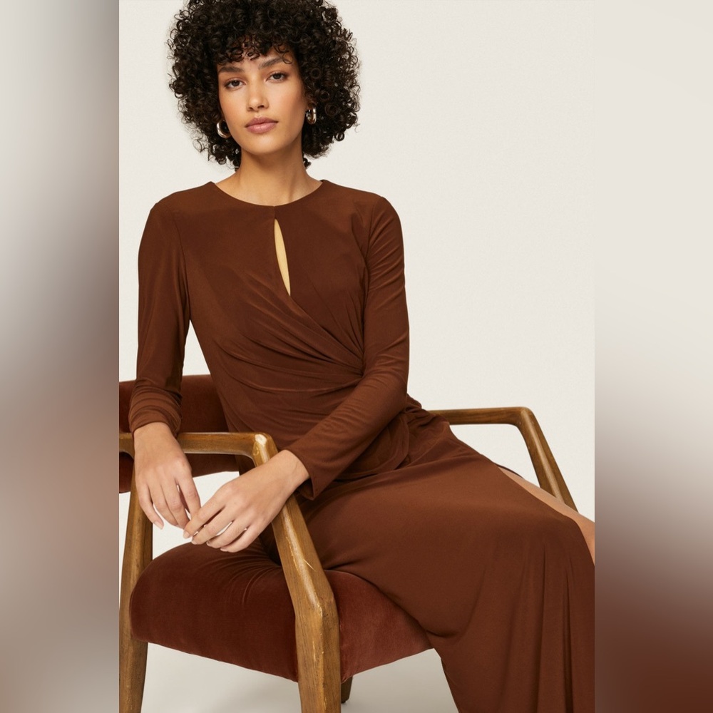 Mac Duggal Ieena Keyhole Draped Maxi Gown Long Sleeve Dress Size 14 Chocolate - Picture 4 of 12